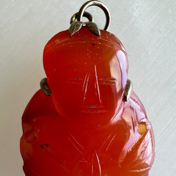 Vintage Asian Carnelian Buddha Pendant | 1930s–50s | Sterling Silver Bezel - Picture 4 of 16
